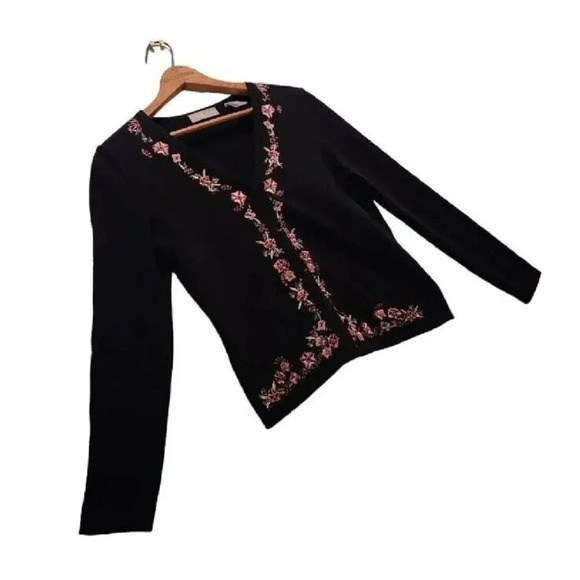 Kate Hill Cardigan Sweater Womens Petite PXS Black Embroidery VNeck Button Front - Picture 7 of 7